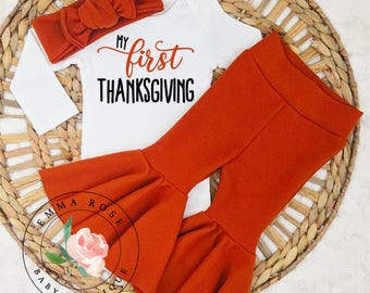 Baby girl Thanksgiving outfit, first thanksgiving shirt, dark orange bell bottom pants, infant girl Fall clothes, Thanksgiving pants outfit