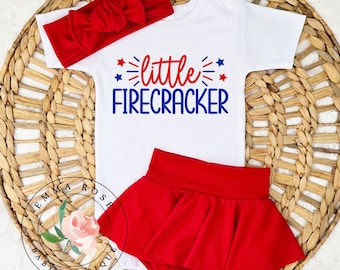 Little firecracker 4th of July outfit girl, firecracker first birthday, red white blue outfit, Red skirt, skirted, bummies patriotic clothes