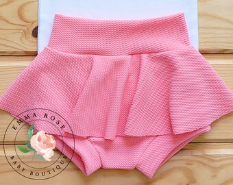 Baby coral pink skirt with shorts, solid coral bummie skirt, skirted bummies, skorts, toddler girl bummies, summer clothes, toddler skirt