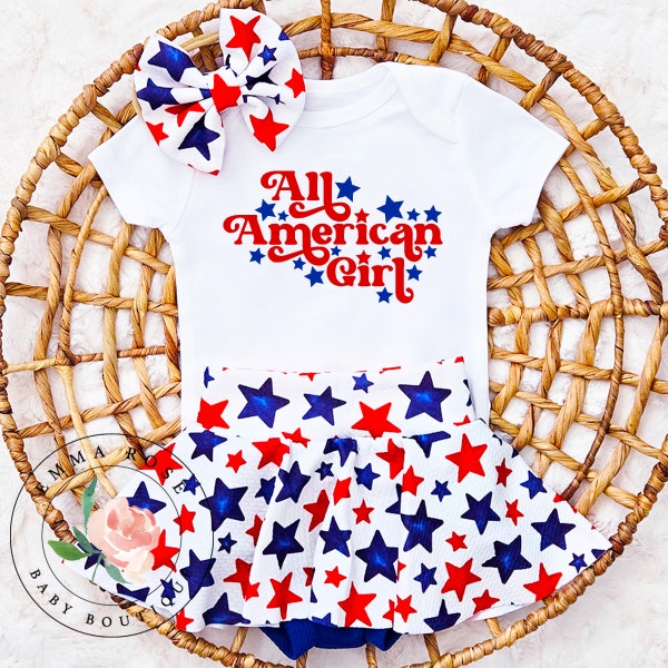 Baby girl 4th of July outfit, all American girl, patriotic clothes, star skirt, red white and blue stars, 4th of July dress, skirted bummies