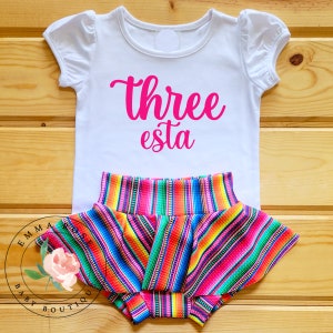 Three esta fiesta 3rd birthday outfit, toddler clothes, Mexican fiesta party, three esta birthday outfit, serape skirt, three birthday shirt