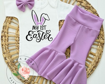 Baby girl first Easter outfit, bunny rabbit ears shirt, my first easter shirt, purple bell bottom pants, hair bow, pastel spring clothes