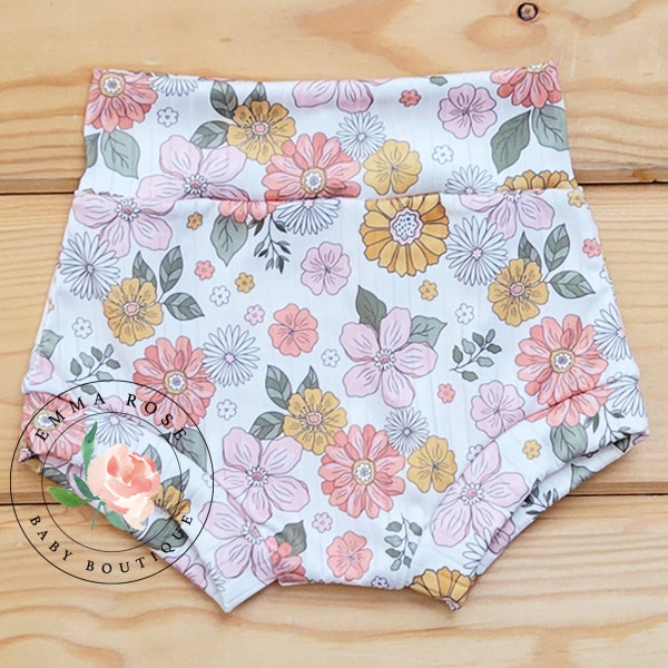Fall floral bummies, pink floral shorts, fall baby clothes, baby fall outfit, floral birthday party, fall garden party, thanksgiving outfit