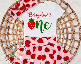 Strawberry half birthday skirted bummie outfit girl, berry close to one shirt, strawberry skirt, berry sweet 6 months photo outfit