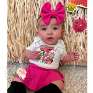 May include: A white short-sleeved bodysuit featuring a graphic of a pink flamingo wearing a sombrero with the text Let's Fiesta, paired with a bright pink skirt and a matching large pink hair bow on a thin headband, creating a vibrant outfit.