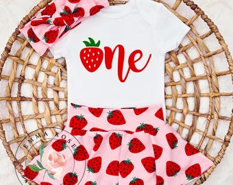 Baby girl berry first birthday outfit, sweet one strawberry outfit, strawberry 1st birthday outfit strawberry skirt, strawberry shortcake