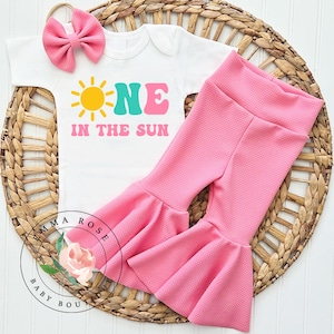 One in the sun first birthday outfit girl, sunshine 1st birthday, pink bell bottom pants, summer trip around the sun party cake smash outfit