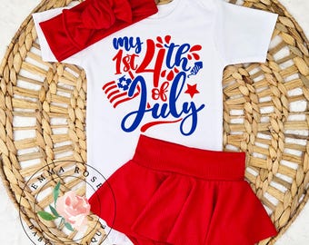 Baby red white and blue first 4th of July outfit girl, my 1st 4th of July shirt, red skirt with bloomers, skirted bummies, patriotic clothes