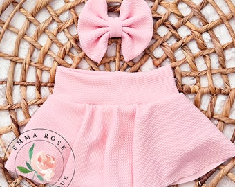 Baby girl light pink skirt with shorts, solid pink bummie skirt, skirted bummies, skorts, Easter bummies, summer clothes, toddler skirt