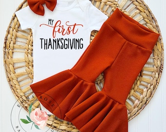 Baby girl Thanksgiving outfit, first thanksgiving shirt, dark orange bell bottom pants, infant girl Fall clothes, Thanksgiving pants outfit