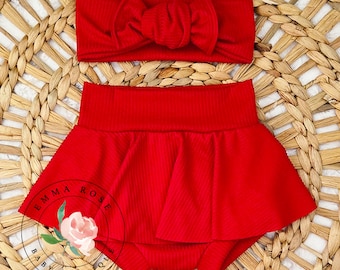 Baby girl red skirt, red skirted bummies, skort, red dress, 4th of July skirt, 4th of July outfit, patriotic summer clothes, toddler skirt