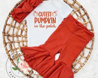 Baby girl pumpkin outfit, Fall outfit, cutest pumpkin in the patch shirt, dark orange bell bottom pants, hair bow, Fall clothes, Halloween