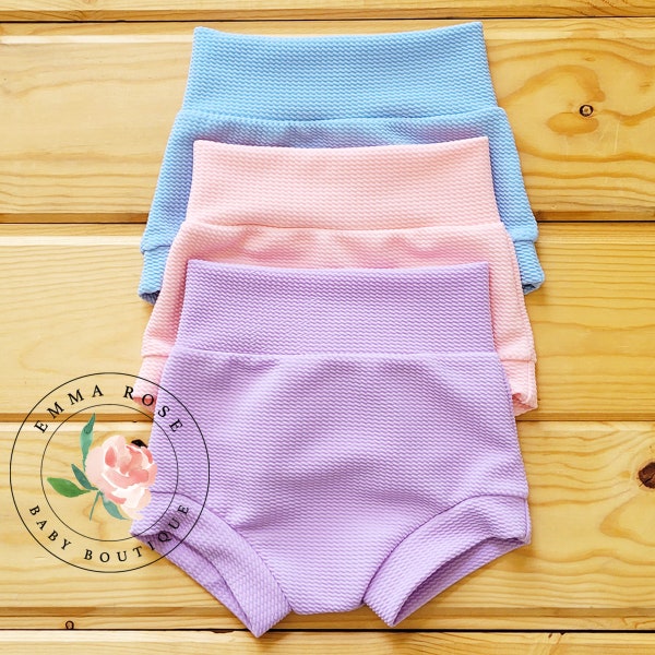 Pastel color baby girl bummies, light blue bummies, light pink bummies, light purple bummies, newborn infant girl clothes, spring, summer