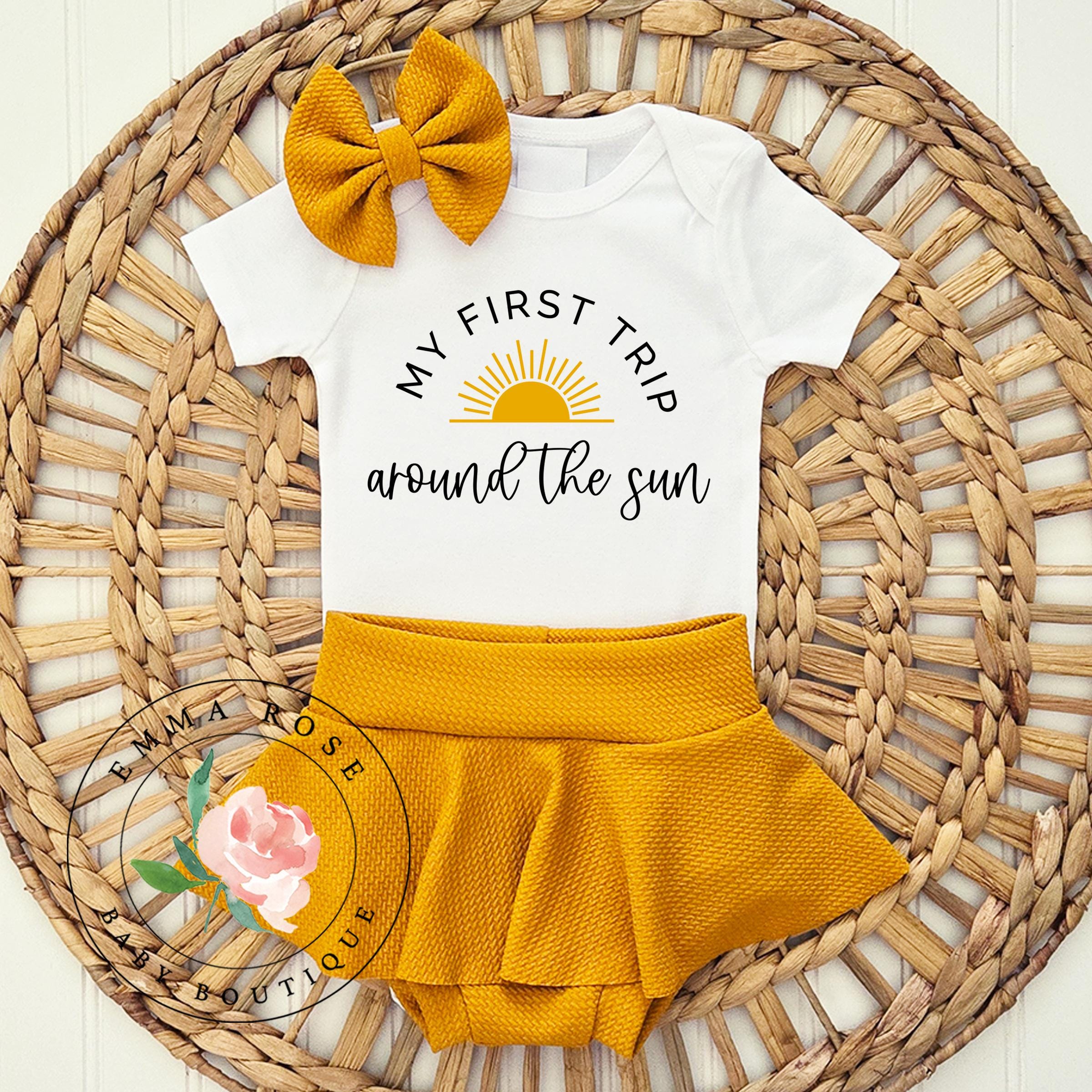 First trip around the sun outfit, sun first birthday, sun 1st birthday, golden yellow skirt, skirted bummies, summer sunshine party