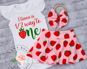Strawberry half birthday outfit girl, berry half birthday shirt, halfway to one, strawberry skirt, skirted bummies, berry sweet 6 months