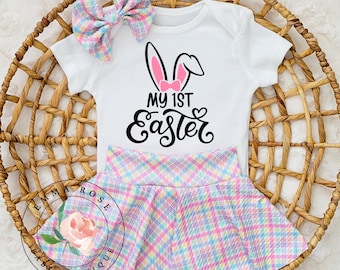 Baby girl first Easter outfit, bunny rabbit ears 1st Easter shirt, pastel rainbow plaid skirt, skirted bummies, Spring clothes, Easter party