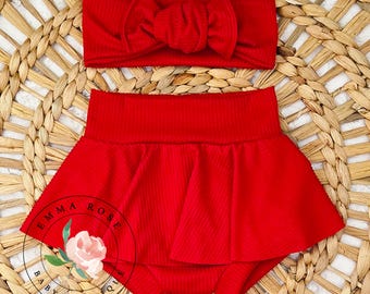 Baby girl red skirt and headband hair bow, red skirted bummies, red skort, skirt with bloomers, red Christmas skirt, red Christmas dress