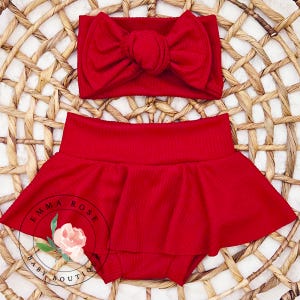 Baby girl red Christmas outfit, my first Christmas shirt, red skirt, hair bow, skirted bummies, newborn infant girl clothes, holiday dress image 4