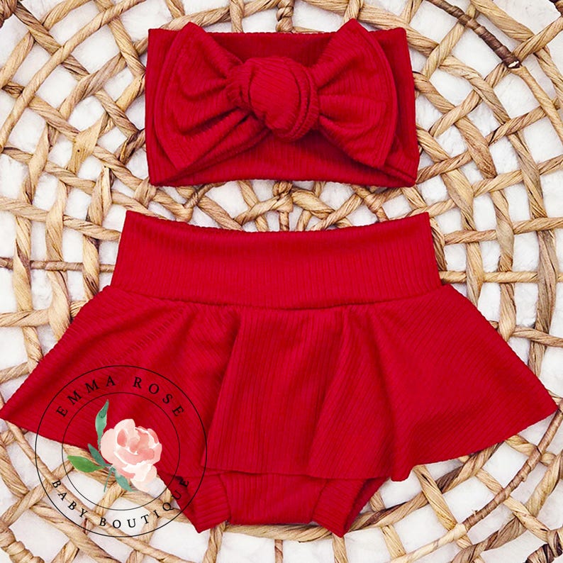 Baby girl red Christmas outfit, my first Christmas shirt, red skirt, hair bow, skirted bummies, newborn infant girl clothes, holiday dress image 4