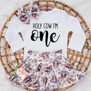 Holy cow I&#39;m one first birthday outfit girl, cow first birthday outfit, farm animal birthday, boho cow 1st birthday outfit petting zoo party