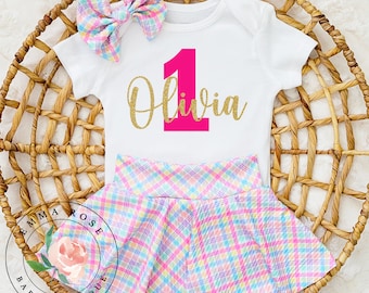 Baby girl spring plaid first birthday outfit with name, Spring birthday party, one 1st birthday outfit glitter gold birthday skirted bummies