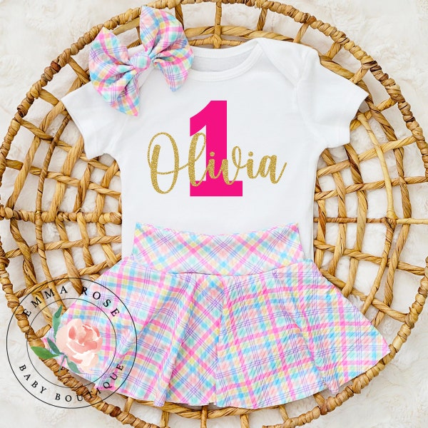 Baby girl spring plaid first birthday outfit with name, Spring birthday party, one 1st birthday outfit glitter gold birthday skirted bummies