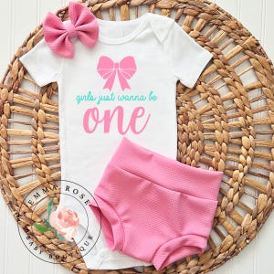 Girls just wanna be one first birthday outfit, pink bow one birthday shirt baby, coquette 1st birthday outfit, pink skirted bummies, shorts