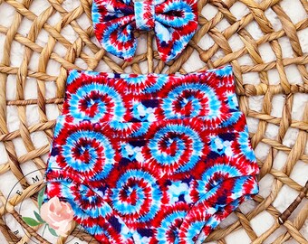 Red white and blue tie dye baby bummies, 4th of July shorts, bloomers, shorties, diaper cover, Memorial Day, infant patriotic clothes