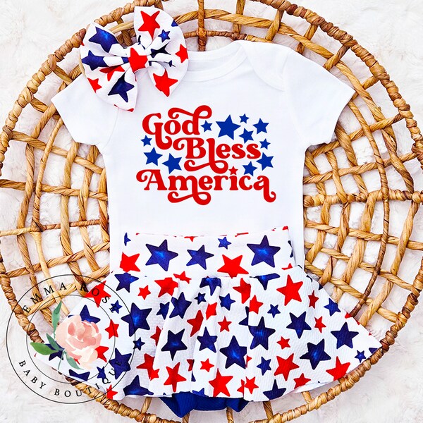 Baby girl God bless America 4th of July outfit, patriotic baby clothes, star skirt, red white and blue 4th of July dress infant girl clothes