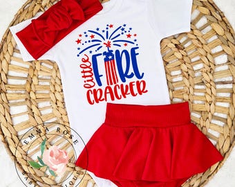 Baby girl little firecracker 4th of July outfit, baby boy little firecracker outfit, patriotic red white and blue outfit, red bummies