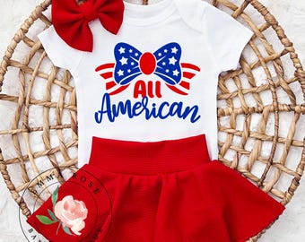 Baby girl 4th of July outfit, all American shirt, stars, stripes, coquette bow 4th of July shirt, red skirt, skirted bummies, summer clothes