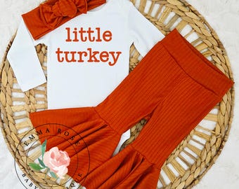 Baby girl first Thanksgiving outfit, little turkey shirt, orange flare pants, bell bottoms, Fall outfit, newborn girl outfit, infant clothes