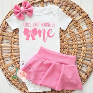 Girls just wanna be one first birthday outfit, coquette pink bow 1st birthday outfit, pink skirt, skirted bummies, skort, one birthday shirt