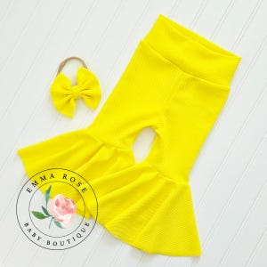 Bright yellow bell bottom pants, neon yellow flare pants, hair bow, yellow baby pants, Easter infant girl clothes, spring baby clothes