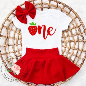 Baby girl berry first birthday outfit, sweet one strawberry shirt, strawberry dress, strawberry 1st birthday outfit girl red skirted bummies