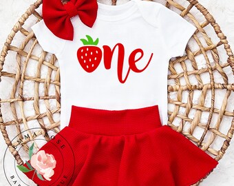 Baby girl berry first birthday outfit, sweet one strawberry shirt, strawberry dress, strawberry 1st birthday outfit girl red skirted bummies