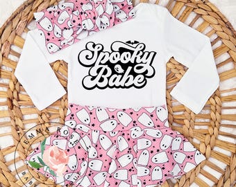 Spooky babe first Halloween outfit for baby girls, pink ghost skirt, spooky babe shirt, hair bow, newborn girl outfit, pink halloween dress