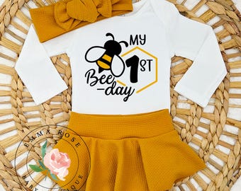 First bee day outfit girl, bumble bee first birthday outfit, mustard yellow skirt, skirted bummies, first bee day shirt, bee 1st birthday