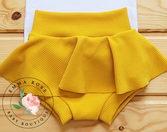 Baby mustard yellow skirt with shorts, bummie skirt, yellow skirted bummies, skorts, first trip around the sun birthday, fall baby clothes