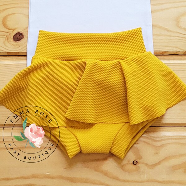 Baby mustard yellow skirt with shorts, bummie skirt, yellow skirted bummies, skorts, first trip around the sun birthday, fall baby clothes