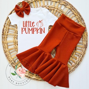 Baby girl little pumpkin outfit, dark orange bell bottom pants, little pumpkin shirt, fall clothes, Halloween outfit, pumpkin patch outfit
