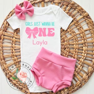 Girls just wanna be one outfit, pink bow first birthday outfit, pink bow coquette 1st birthday outfit, blush pink bummies, birthday bloomers