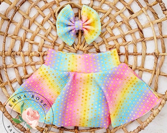 Pastel rainbow dot skirt with shorts, rainbow bummie skirt, skirted bummies, skorts, spring bummies, summer clothes, toddler skirt