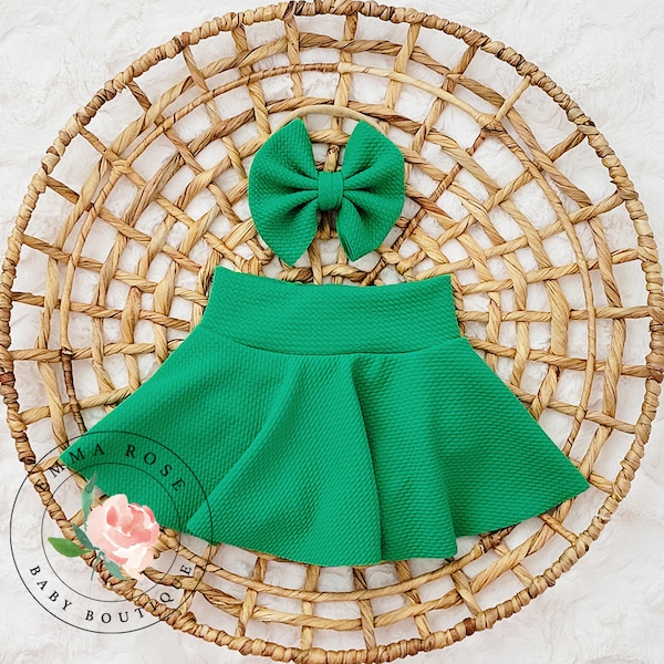 Baby green skirt with shorts, solid green bummie skirt, skirted bummies, skorts, toddler bummies, fall baby clothes, toddler skirt Christmas