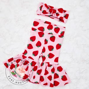 Baby girl strawberry bell bottoms, pink red and greed strawberry flare pants, strawberry print headband wrap hair bow, strawberry pants gift