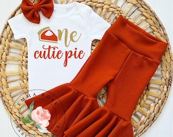 One cutie pie first birthday outfit girl, Fall pumpkin pie 1st birthday shirt, orange bell bottom pants, hair bow, pie cake smash outfit