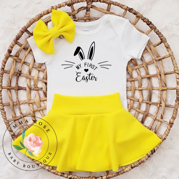 Baby girl first Easter outfit, yellow baby Easter outfit girl, newborn Easter gift, Easter dress, Spring, infant clothes skirted bummies