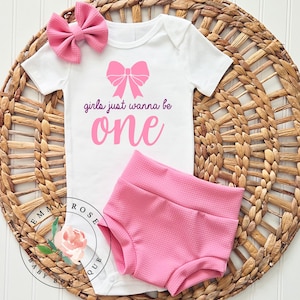 Girls just wanna be one first birthday outfit, pink bow one birthday shirt baby, coquette 1st birthday girl outfit, pink skirted bummies