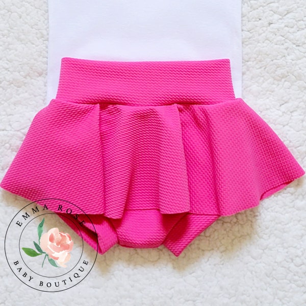Baby girl hot pink skirt with shorts attached, hot pink skirted bummies, pink bummies, pink outfit, pink dress, pink skort baby girl clothes