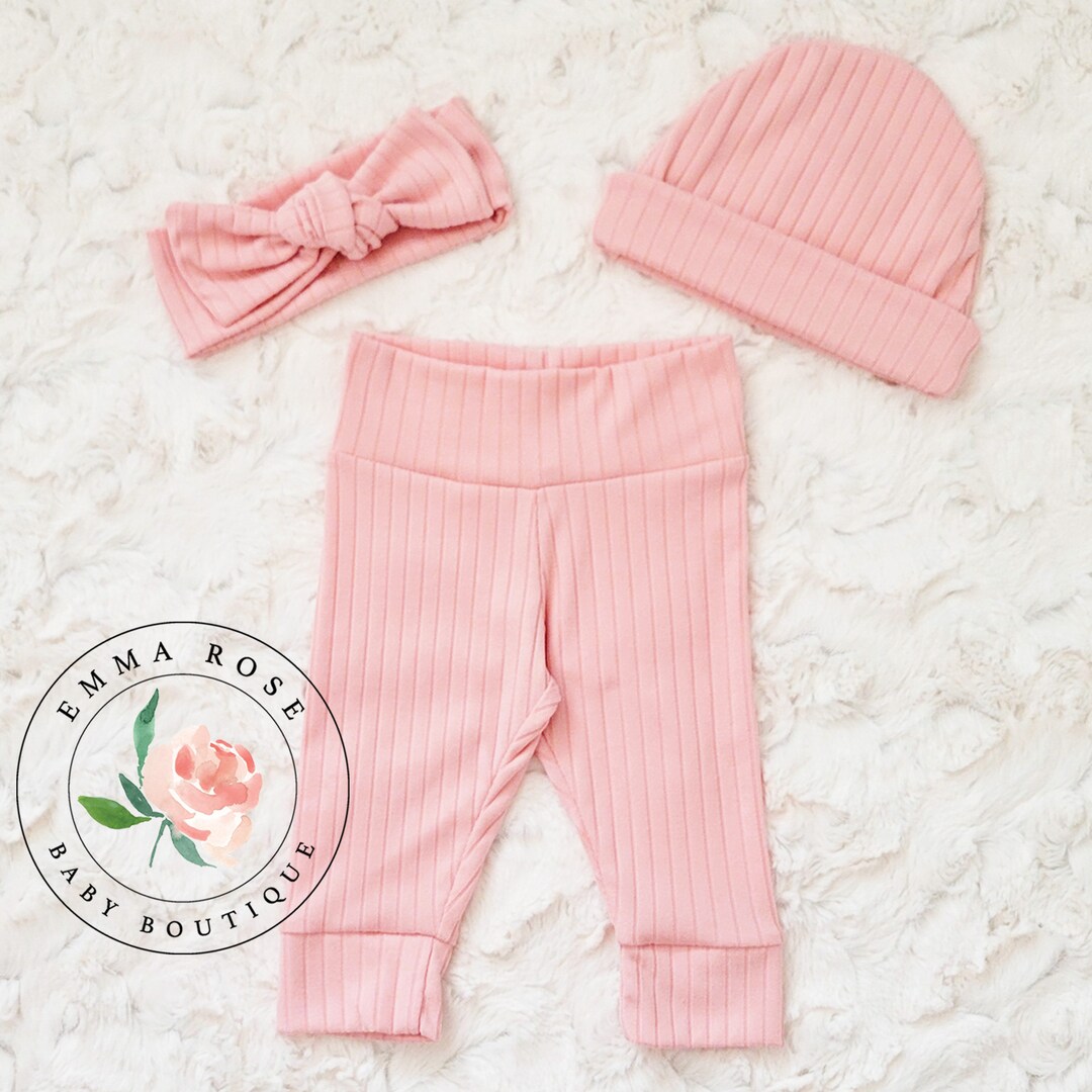 Pink Baby Leggings, Pink Baby Pants Set, Baby Ribbed Tights, Newborn